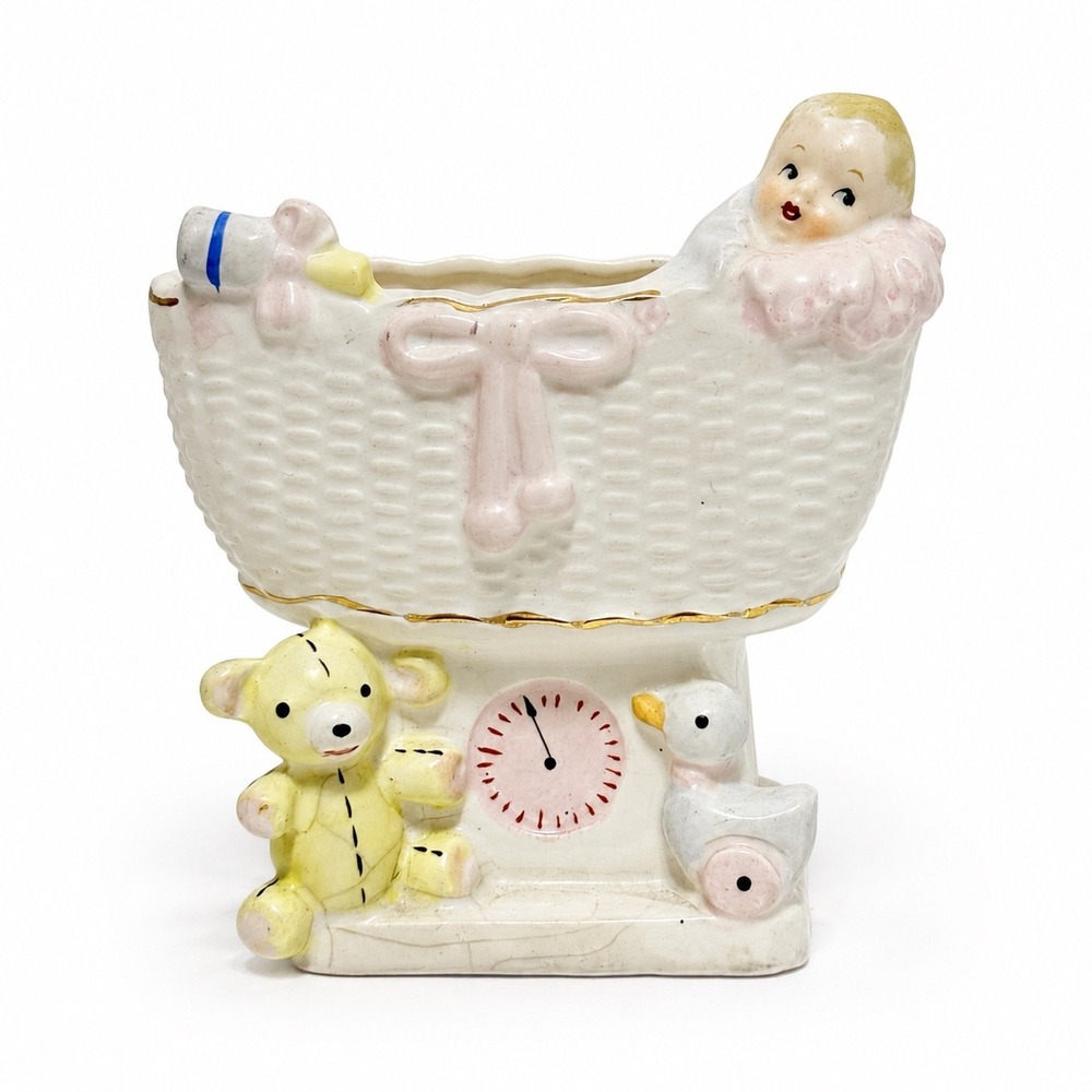 Vintage Japan Baby Bassinet Nursery Flower Holder Bear Duck Ceramic 1950s